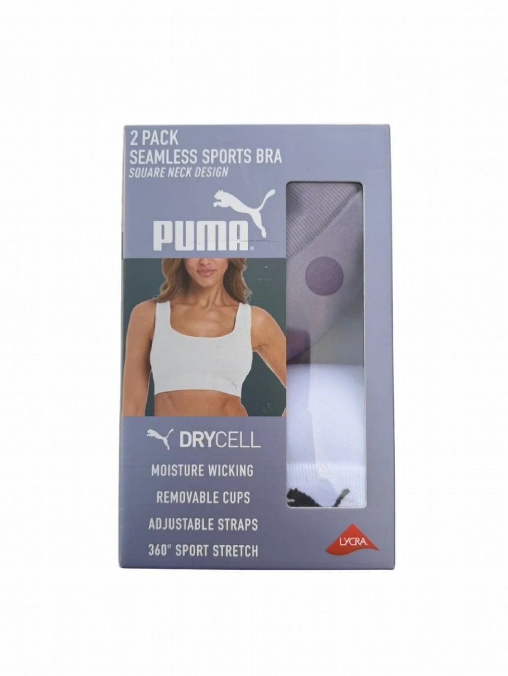 Puma 2 Pack Drycell Seamless Sports Bras Square Neck NWOT Sz LARGE Purple White